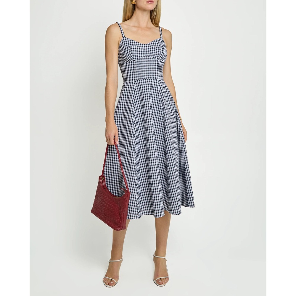 o.p.t Constance Gingham Midi Dress Size S Navy White Linen Blend Preppy Coastal